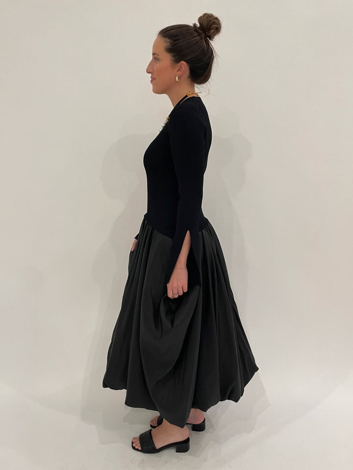 Simkhai Kenlie Long Sleeve Mock Neck Midi Dress in Black paired with Lizzie Fortunato Plaza Pearl Collar Necklace and Gold Onda Hoops available at Barbara Katz