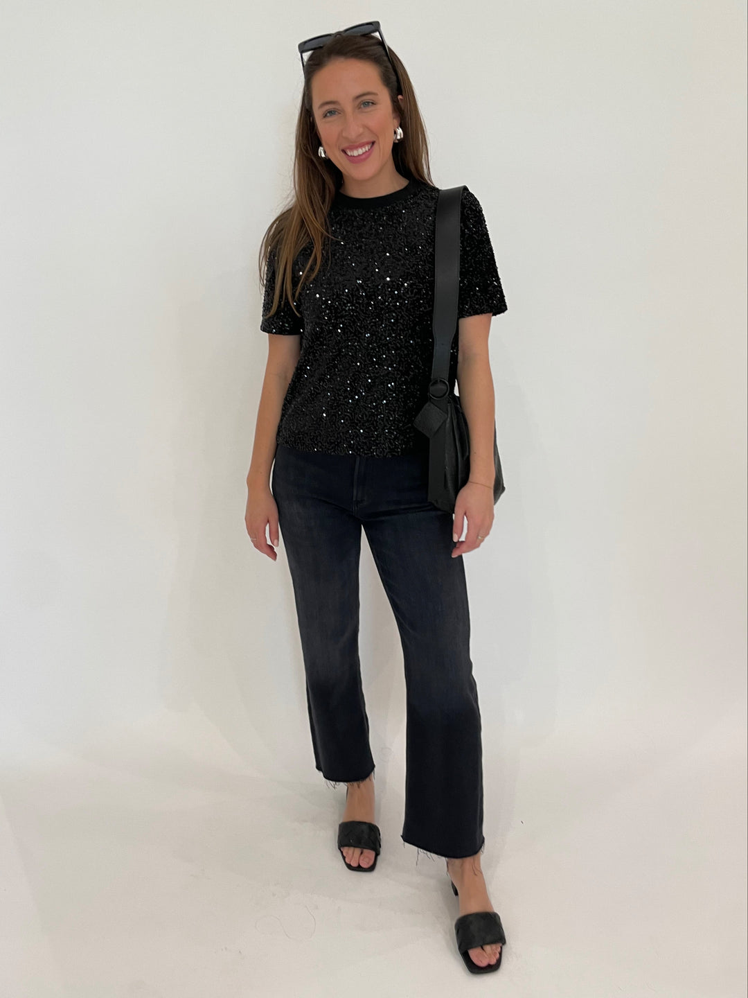 BK Iris Wide Sequin Top in Black paired with Citizens of Humanity Palma Straight Jeans in Medallion, Lizzie Fortunato Onda Hoop Earrings in Silver, Daniella Lehavi Chicago Small Hobo Bag in Black Croco available at Barbara Katz