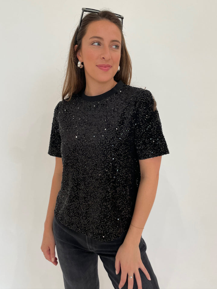 BK Iris Wide Sequin Top in Black with Lizzie Fortunato Onda Hoop Earrings in Silver available at Barbara Katz