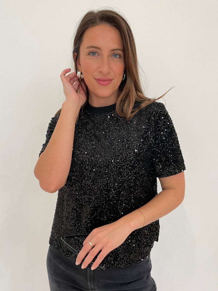 BK Iris Wide Sequin Top in Black with Lizzie Fortunato Onda Hoop Earrings in Silver available at Barbara Katz