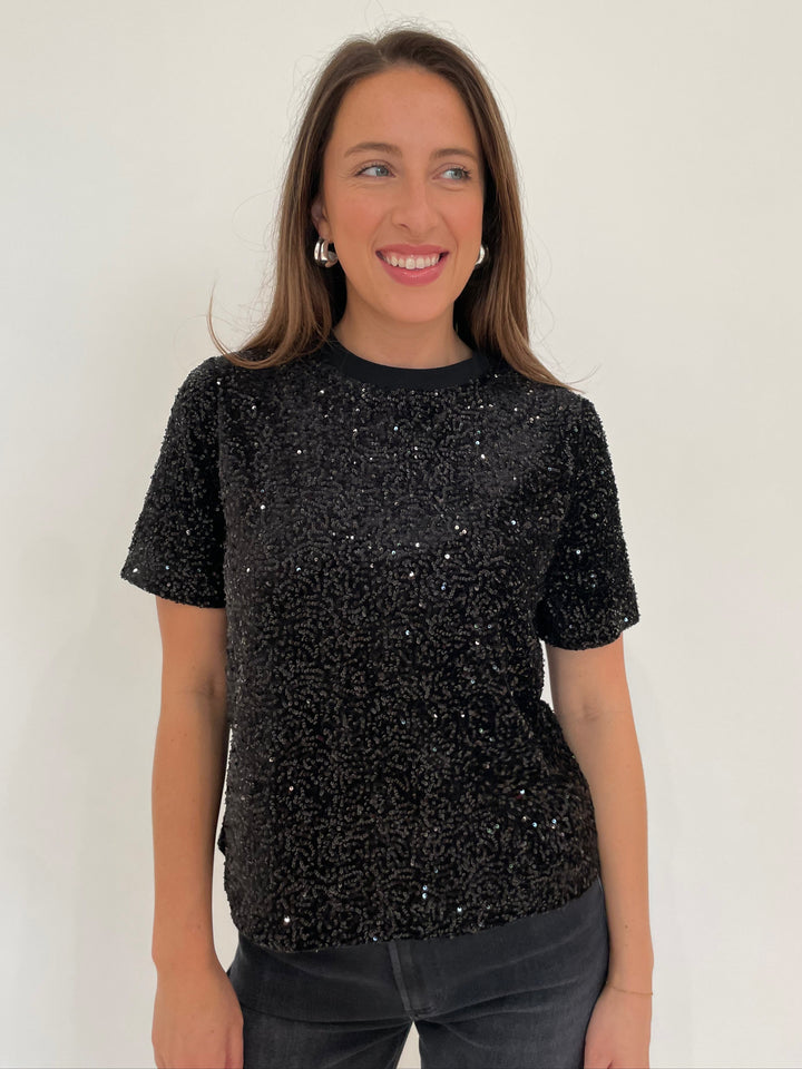 BK Iris Wide Sequin Top in Black with Lizzie Fortunato Onda Hoop Earrings in Silver available at Barbara Katz