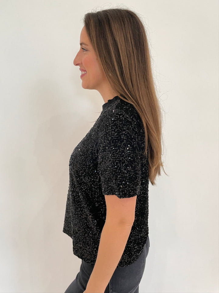 BK Iris Short Sleeve Wide Sequin Top in Black available at Barbara Katz