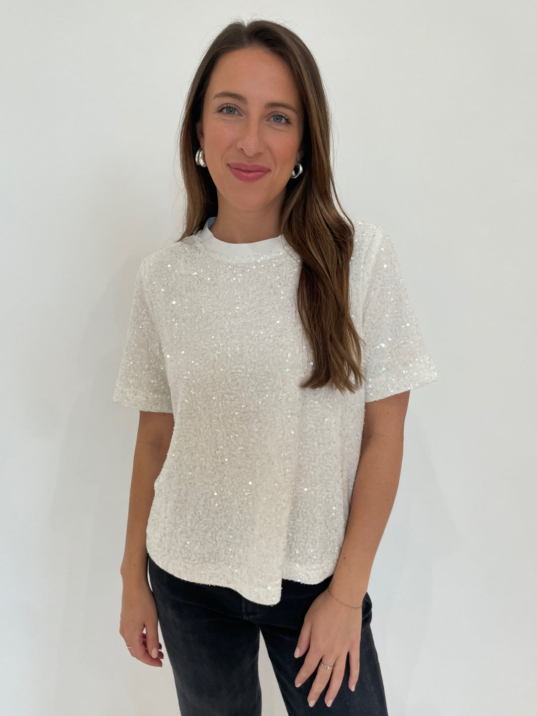 BK Iris Wide Sequin Top in White with Lizzie Fortunato Onda Hoop Earrings in Silver available at Barbara Katz