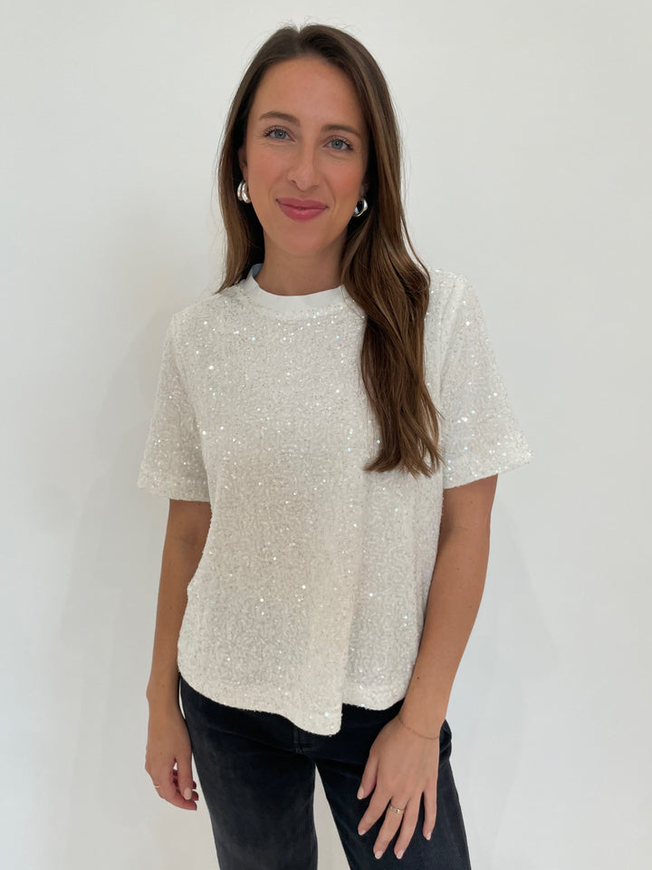 BK Iris Wide Sequin Top in White with Lizzie Fortunato Onda Hoop Earrings in Silver available at Barbara Katz