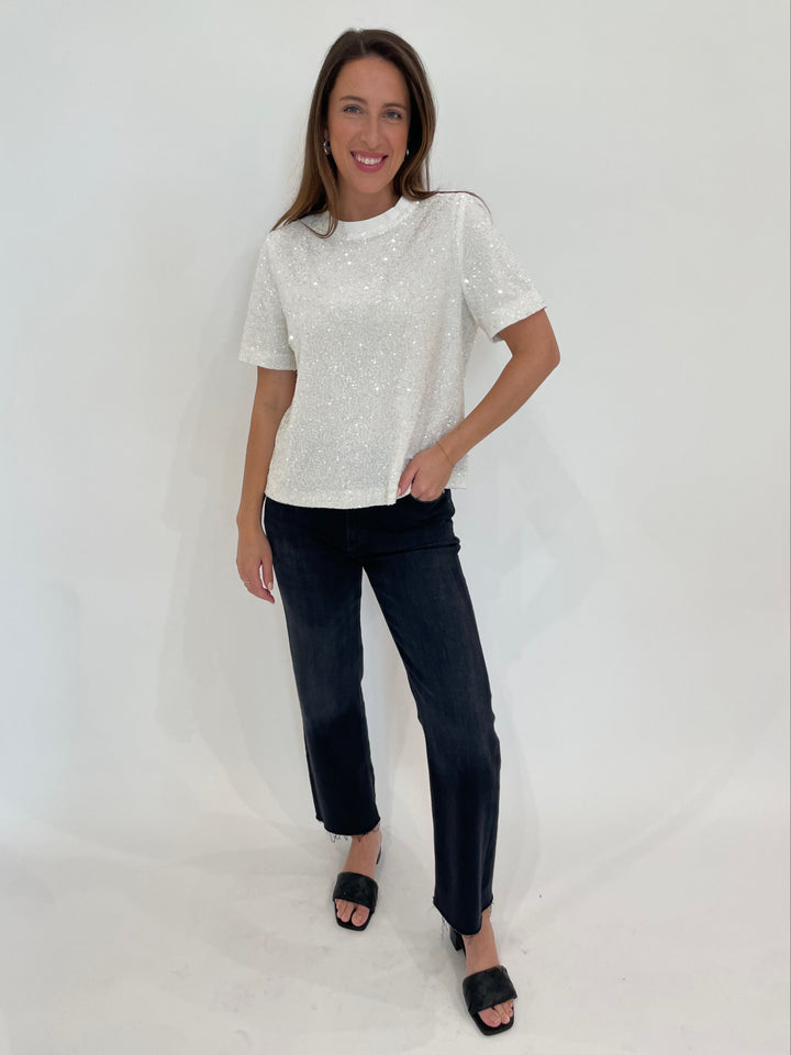 BK Iris Wide Sequin Top in White paired with Citizens of Humanity Palma Straight Jeans in Medallion, Lizzie Fortunato Onda Hoop Earrings in Silver available at Barbara Katz