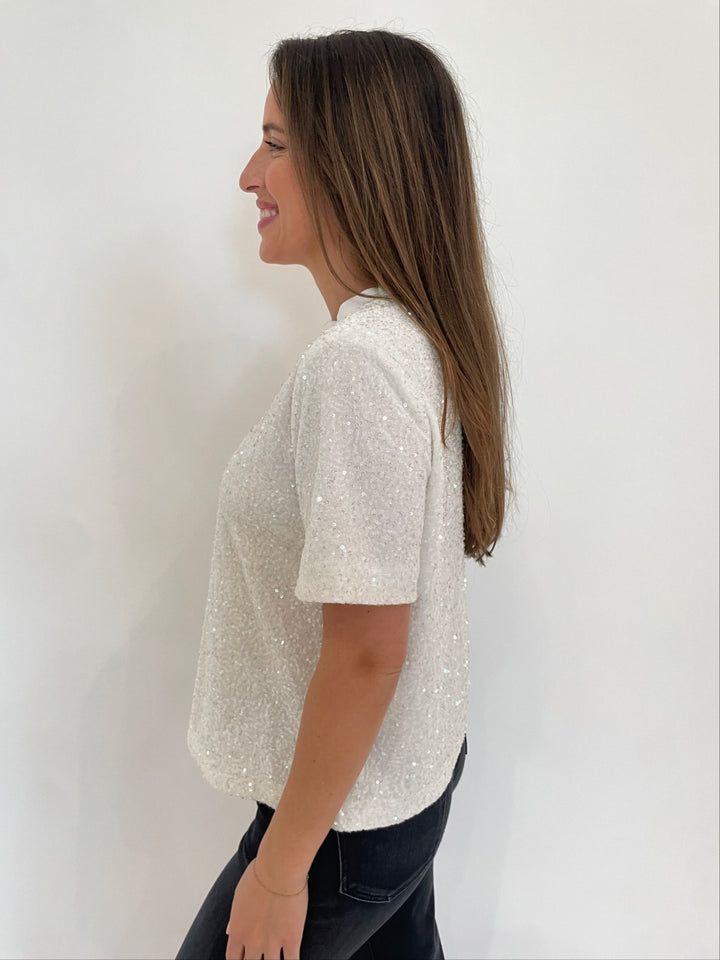 BK Iris Short Sleeve Wide Sequin Top in White vailable at Barbara Katz