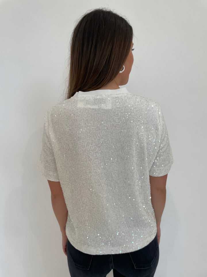 BK Iris Wide Sequin Top in White with Lizzie Fortunato Onda Hoop Earrings in Silver available at Barbara Katz