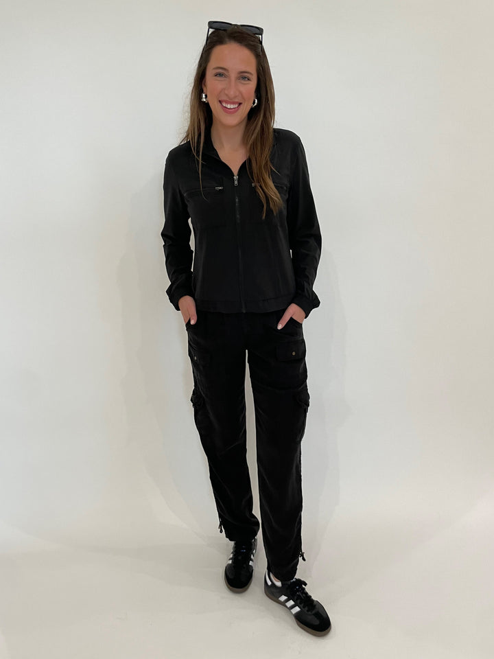 Wearables Active Quinn Bomber Jacket in Black paired with XCVI Sunny Cargo Pants in Black, Lizzie Fortunato Onda Hoop Earrings in Silver available at Barbara Katz