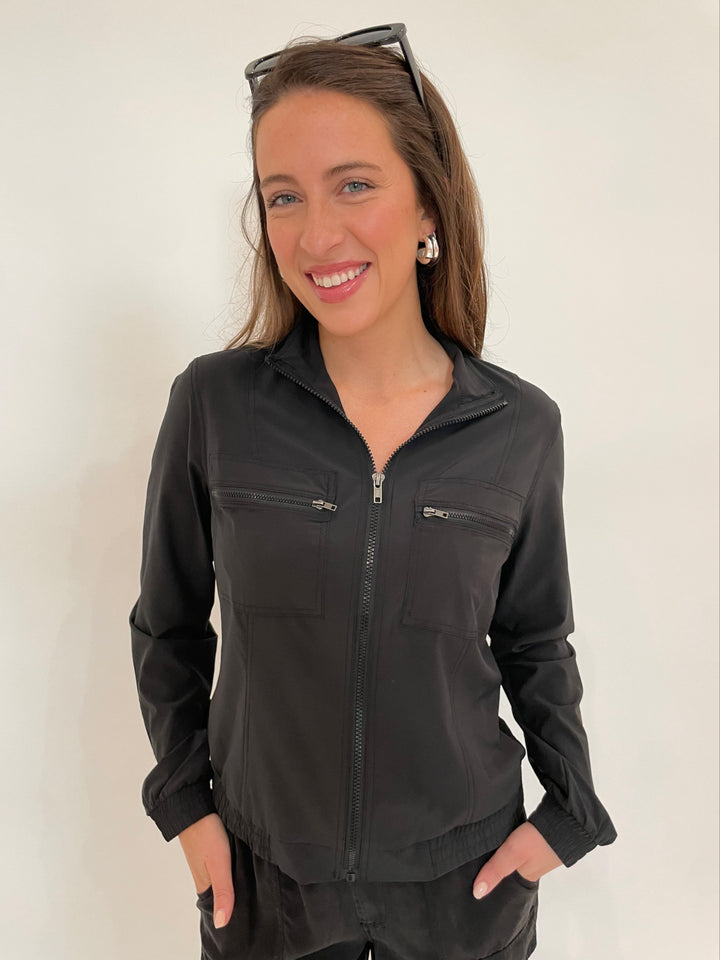 Wearables Active Quinn Bomber Jacket in Black with Lizzie Fortunato Onda Hoop Earrings in Silver available at Barbara Katz