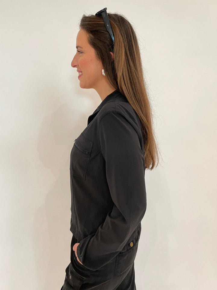 Wearables Active Quinn Long SLeeve Bomber Jacket in Black with Lizzie Fortunato Onda Hoops in Silver available at Barbara Katz