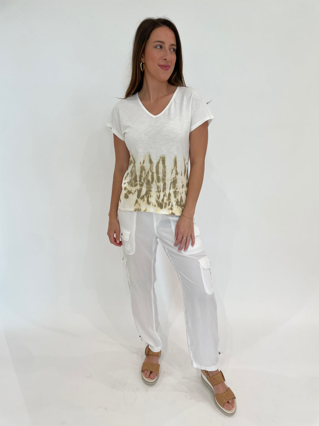 Wearables Slub Rian Top in Headland Wash Flourish paired with XCVI Sunny Cargo Pants in White available at Barbara Katz