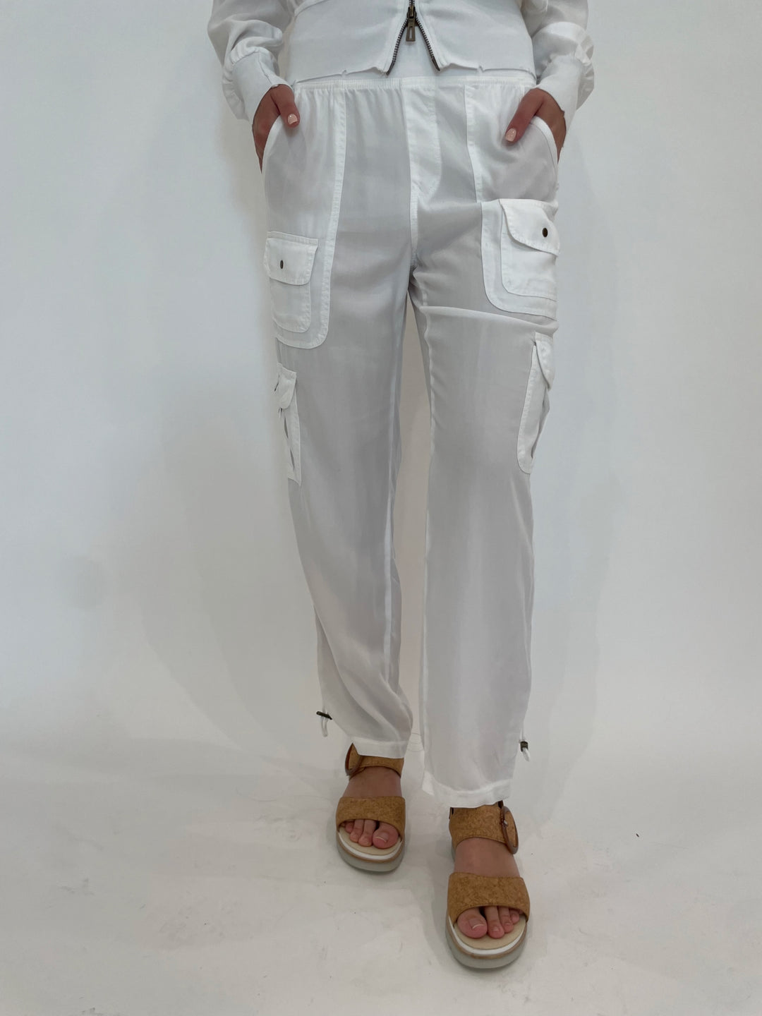 XCVI Sunny Cargo Pants in White with Gabor Slingback Platform Wedge Sandals in Cork available at Barbara Katz