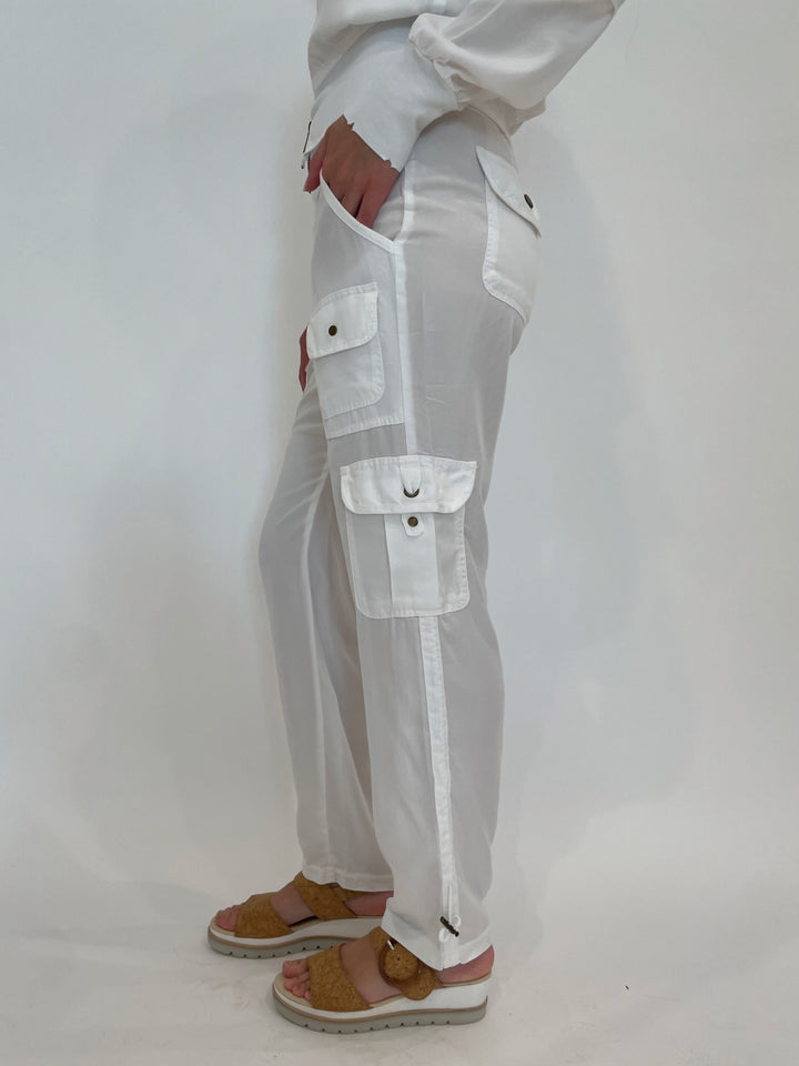 XCVI Sunny Pull-On Cargo Pants in White with Gabor Slingback Platform Wedge Sandals in Cork available at Barbara Katz