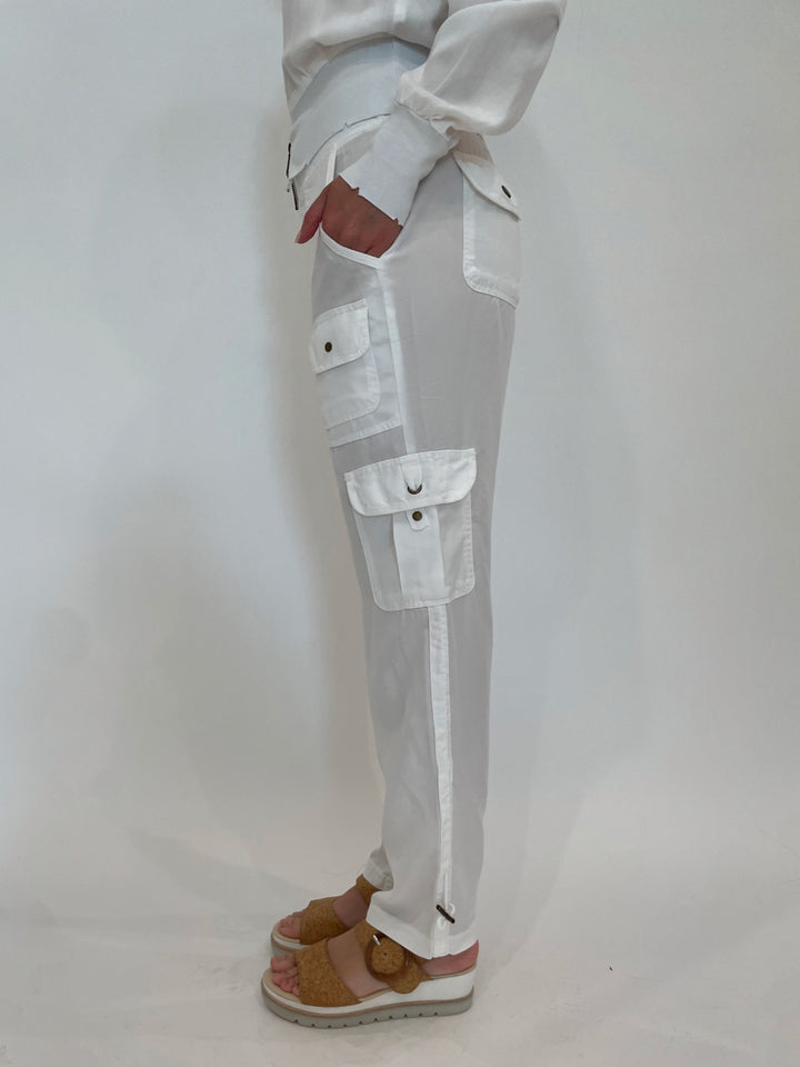 XCVI Sunny Cargo Pull-On Pants in White with Gabor Slingback Platform Wedge Sandals in Cork available at Barbara Katz