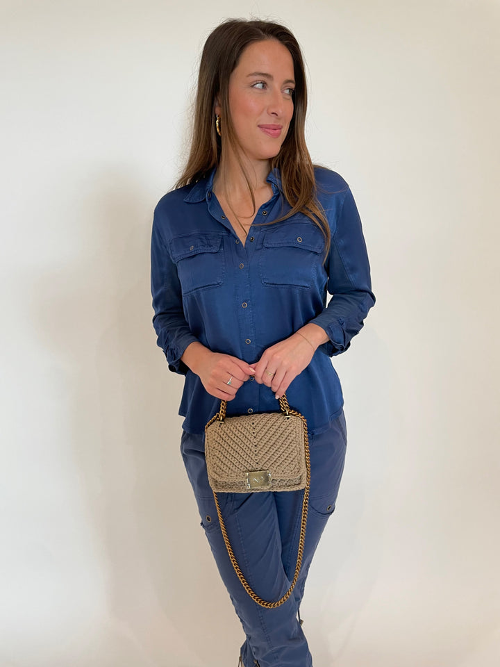 XCVI Silvia Snap Button-Up Shirt in Stellar paired with matching Stacey Slim Pants in Stellar, Noam Hazan Mini Milan Bag in Stone available at Barbara Katz