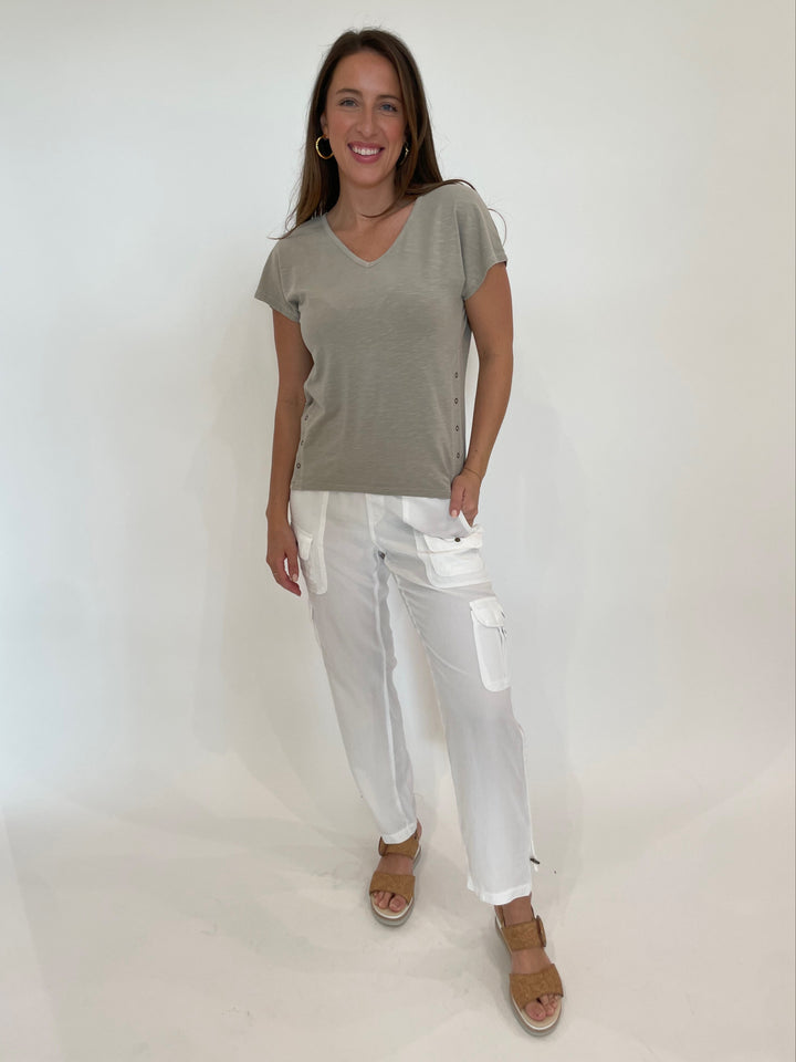 Wearables Slub Rian Top in Ripple Pigment paired with XCVI Sunny Cargo Pants in White, Dean Davidson Nomad Hoop Earrings, Gabor Platform Wedge Sandals available at Barbara Katz