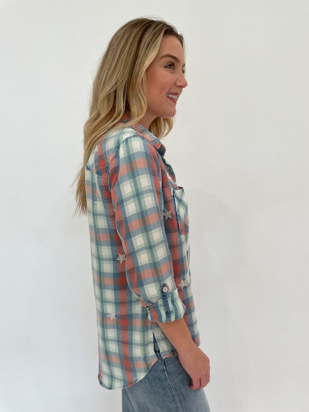 BK Sunset Roll-Up Sleeves Plaid Shirt available at Barbara Katz