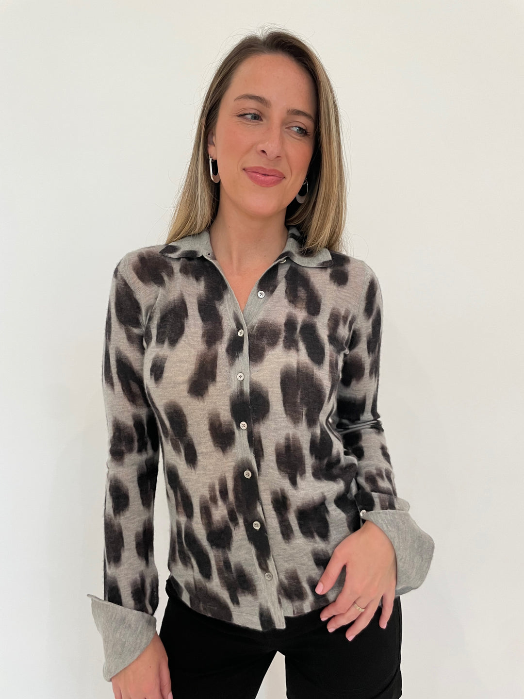 Autumn Cashmere Watercolor Leopard Shirt in Birch Combo paired with Marrakech Gavyn Cargo Pants in Black, Dean Davidson Silver Crosby Hinged Hoop Earrings available at Barbara Katz