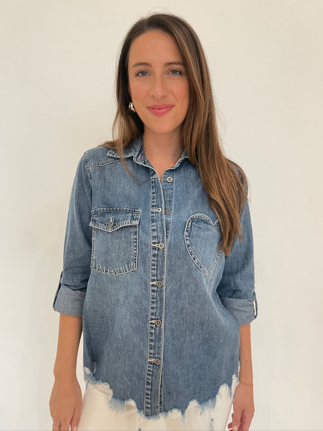 BK Blair Vintage Denim Shirt with Heart and Fringe available at Barbara Katz