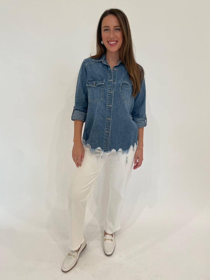 BK Blair Vintage Denim Fringe Shirt paired with Citizens of Humanity Palma Straight Jeans in Soft White available at Barbara Katz