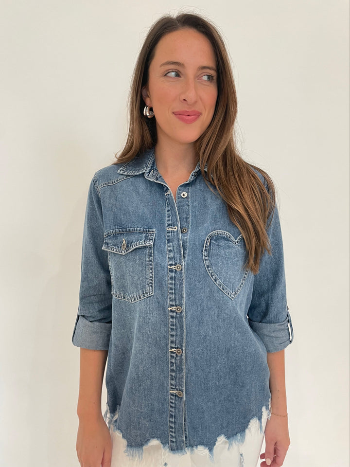 BK Blair Vintage Denim Shirt with Heart and Fringe, Lizzie Fortunato Onda Hoops in Silver available at Barbara Katz