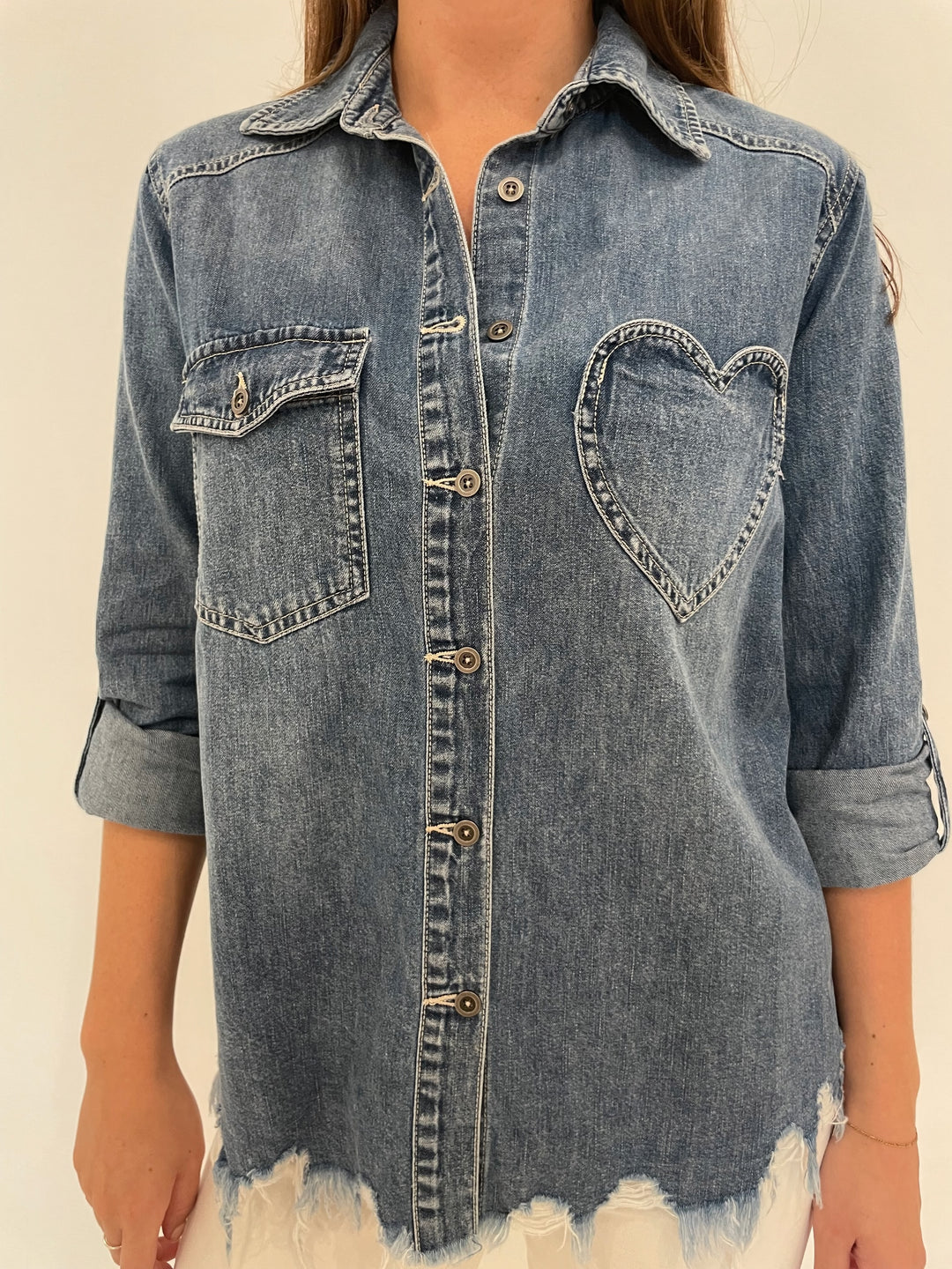 BK Blair Vintage Denim Button-Up Shirt with Heart and Fringe available at Barbara Katz