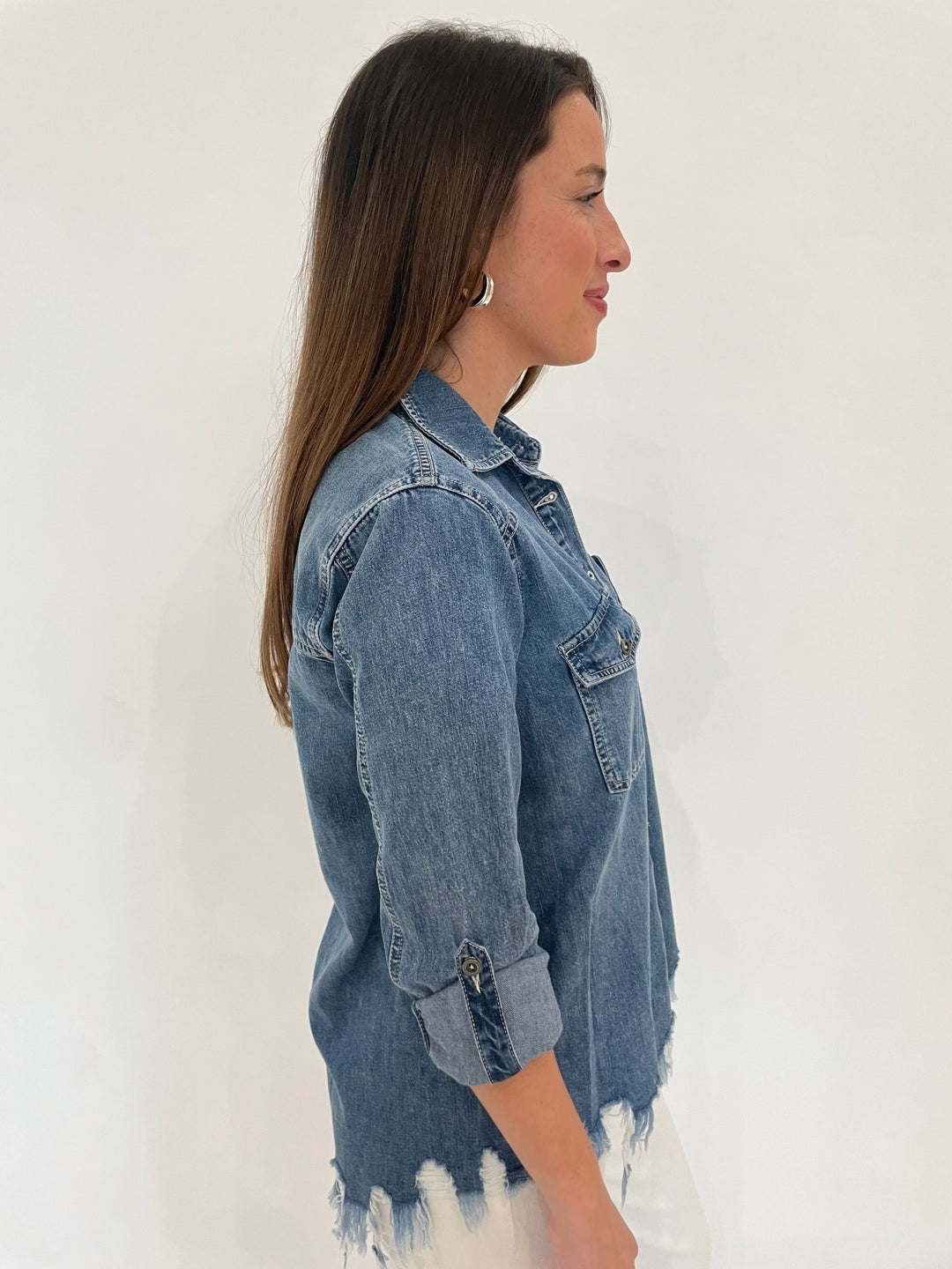 BK Blair Vintage Denim Fringe Shirt with Roll-Up Sleeves available at Barbara Katz