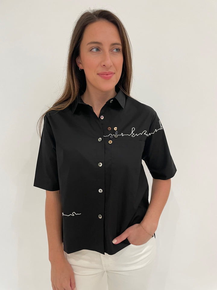 Terra Angela Short Sleeve Boxy Button Shirt in Black available at Barbara Katz