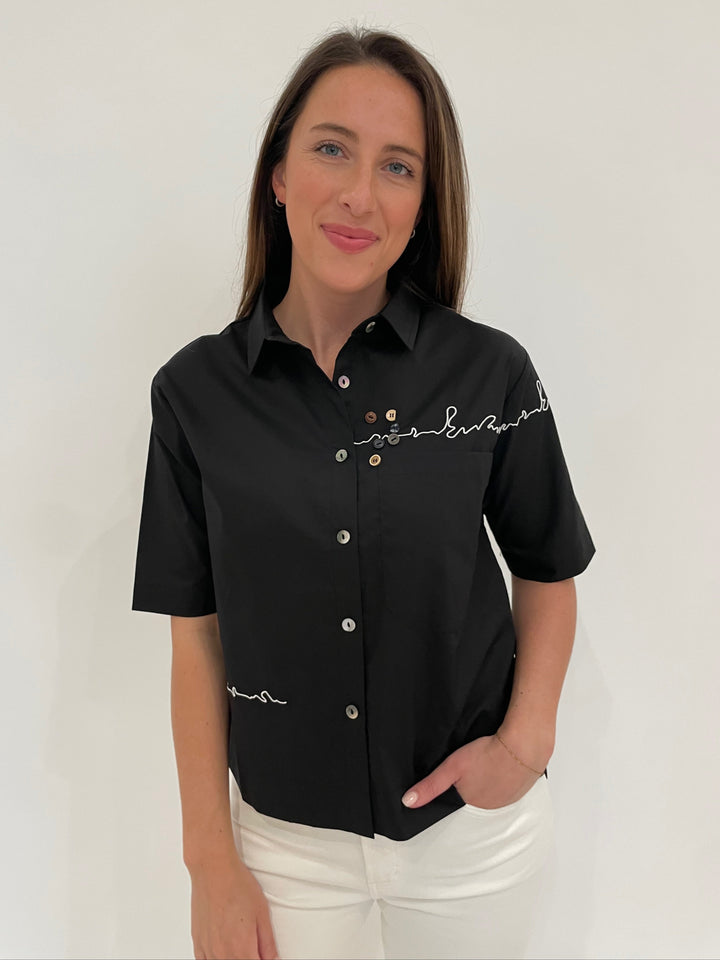 Terra Angela Short Sleeve Boxy Button Shirt in Black available at Barbara Katz