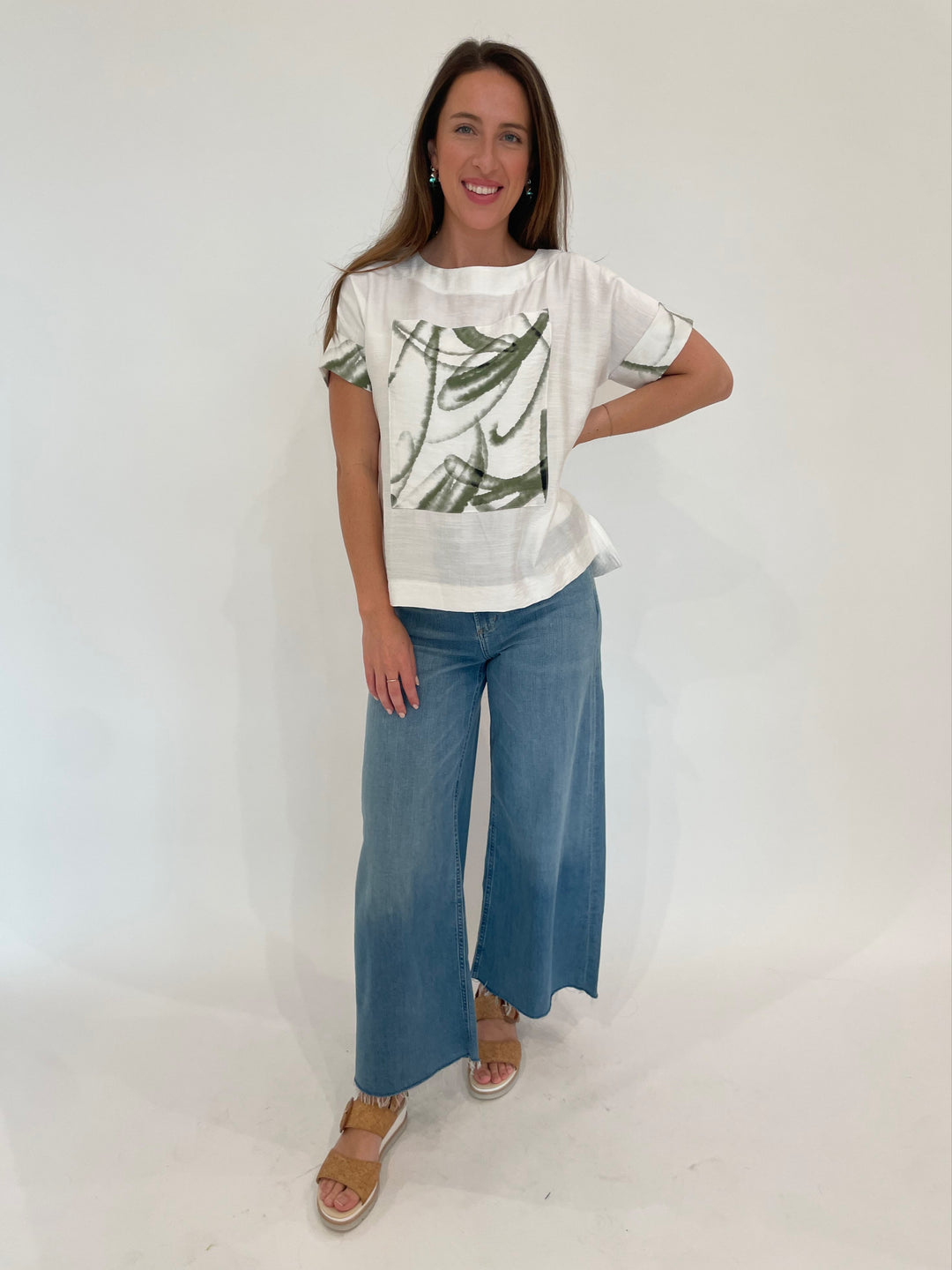 Terra Nella Boxy Tee With Pocket in White paired with Citizens of Humanity Lyra Crop Wide Leg Jeans in Bhodi, Gabor Slingback Platform Wedge Sandals in Cork available at Barbara Katz