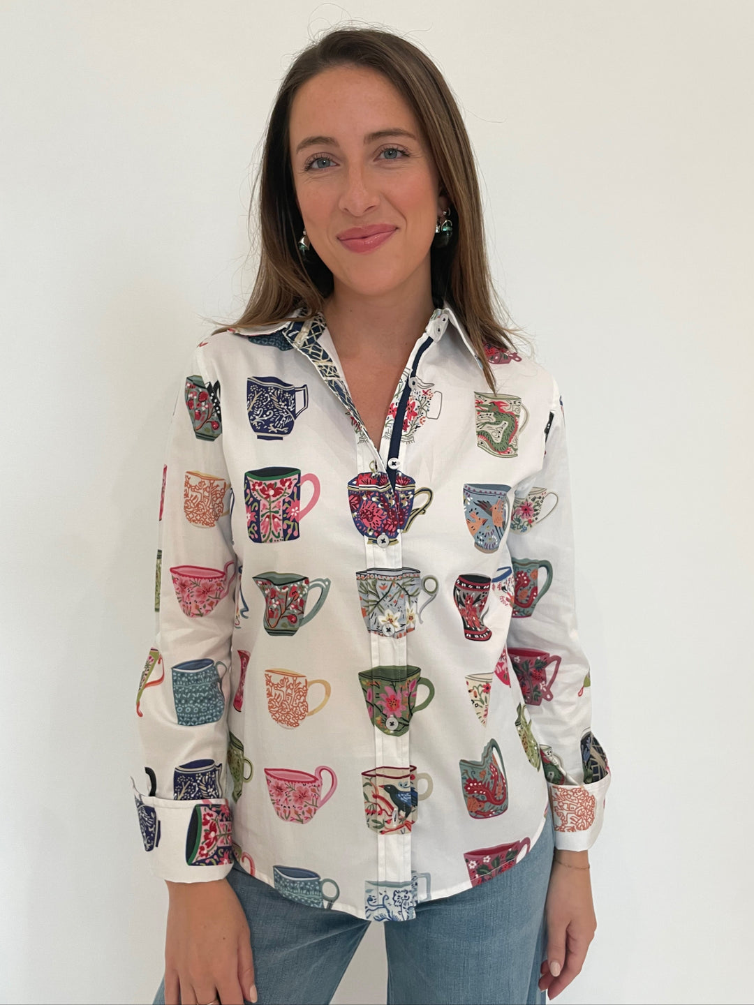 Dizzy-Lizzie Rome Shirt in Coffee Mugs Print with Lizzie Fortunato Organic Hoops in Silver/Forest available at Barbara Katz