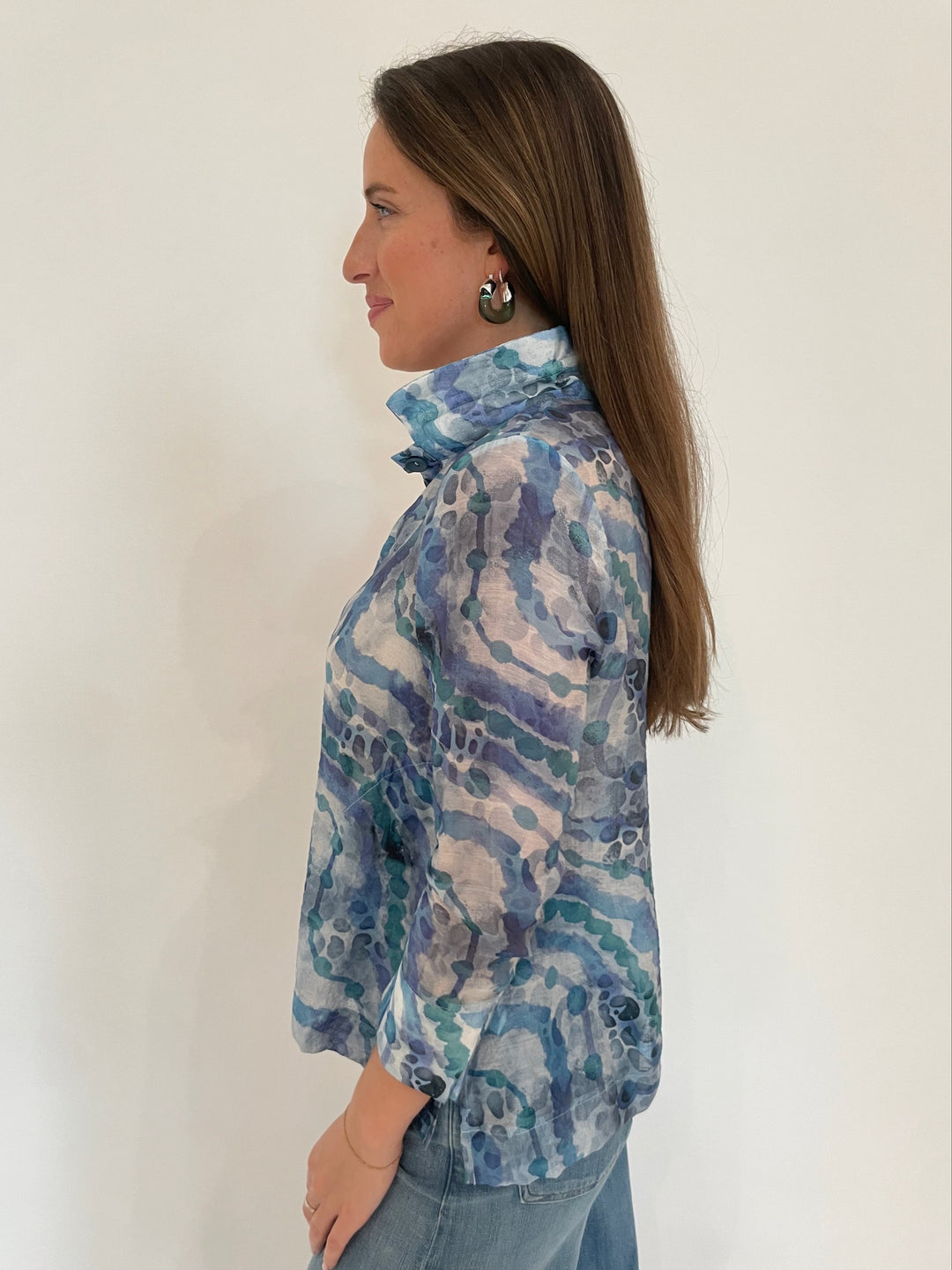 Terra Irina 3/4 Sleeve Sheer Shirt in Blue Lagoon with Lizzie Fortunato Organic Hoops in Silver/Forest available at Barbara Katz