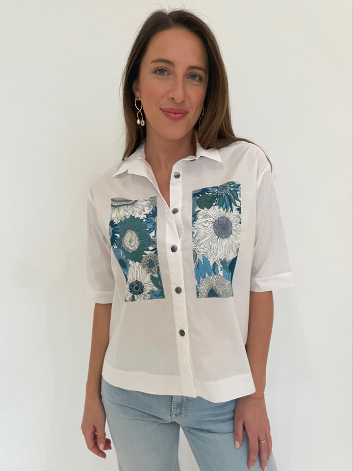 Terra Carmen Flower Shirt in White/Blue with Lizzie Fortunato Etienne Earrings in Gold available at Barbara Katz