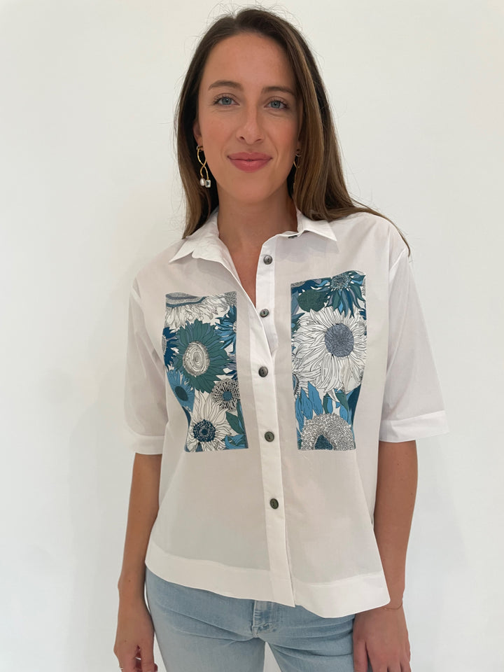 Terra Carmen Flower Shirt in White/Blue Lizzie Fortunato Etienne Earrings in Gold available at Barbara Katz