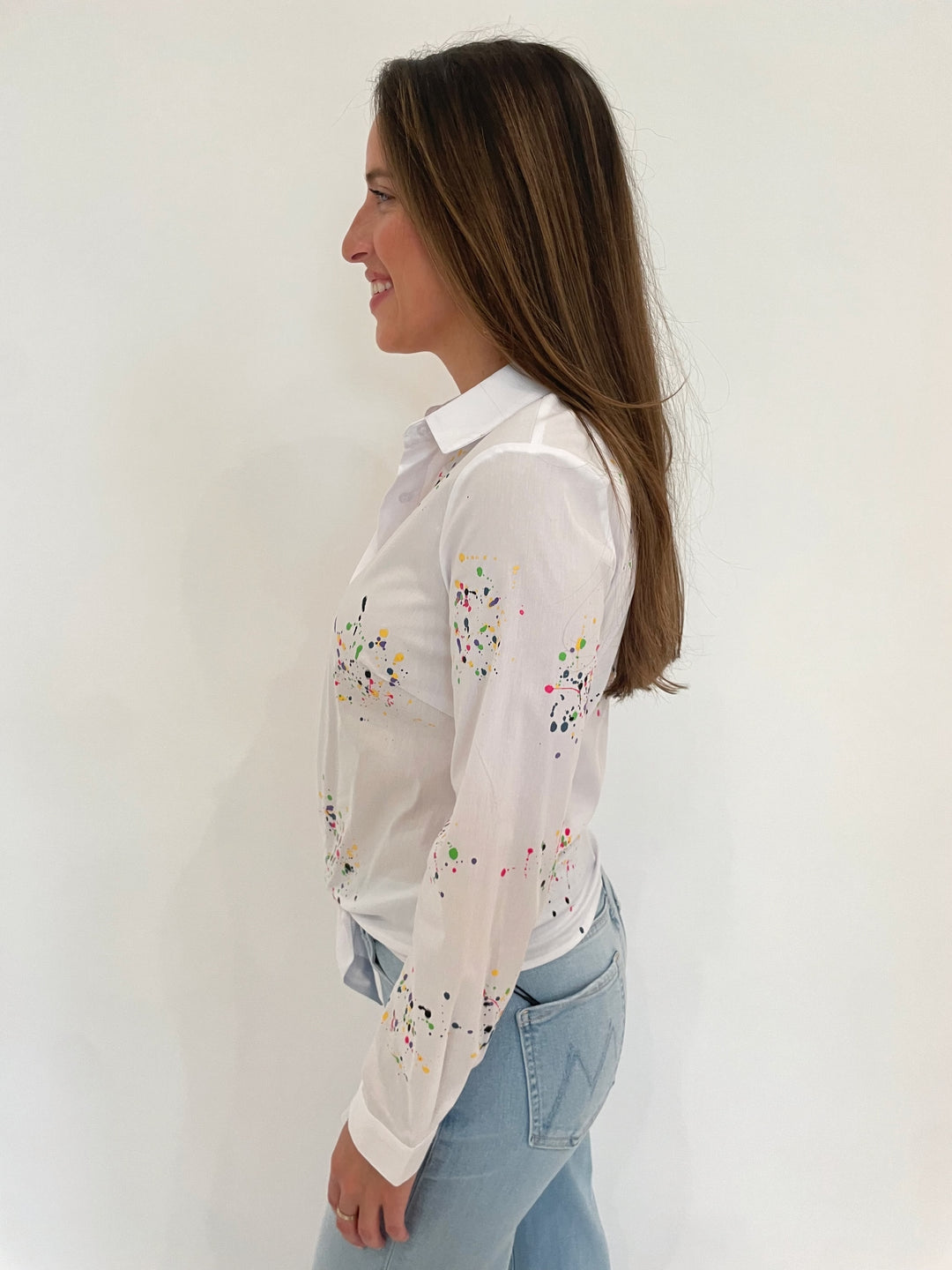 BK Julia Splash Long Sleeve Shirt in White available at Barbara Katz