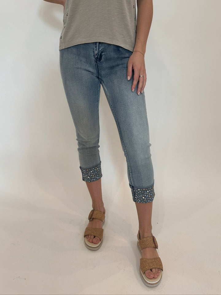 BK Yona Bead Denim in Light Wash with Gabor Slingback Platform Wedge Sandals in Cork available at Barbara Katz