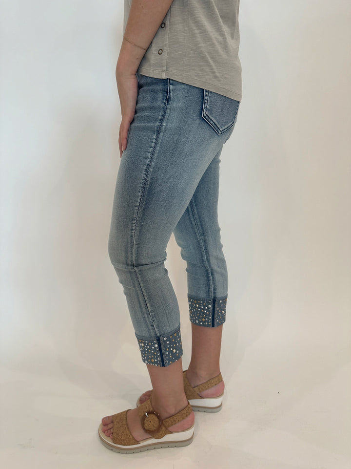 BK Yona Cropped Jeans with Beaded Cuffs paired with Gabor Slingback Platform Wedge Sandals in Cork available at Barbara Katz