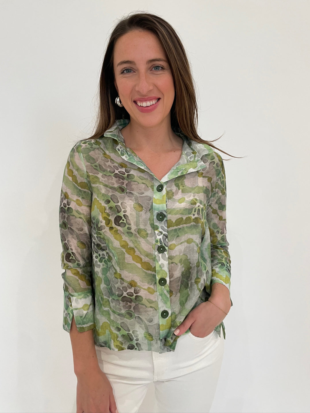 Terra Irina Sheer Shirt in Green with Lizzie Fortunato Onda Hoop Earrings in Silver available at Barbara Katz