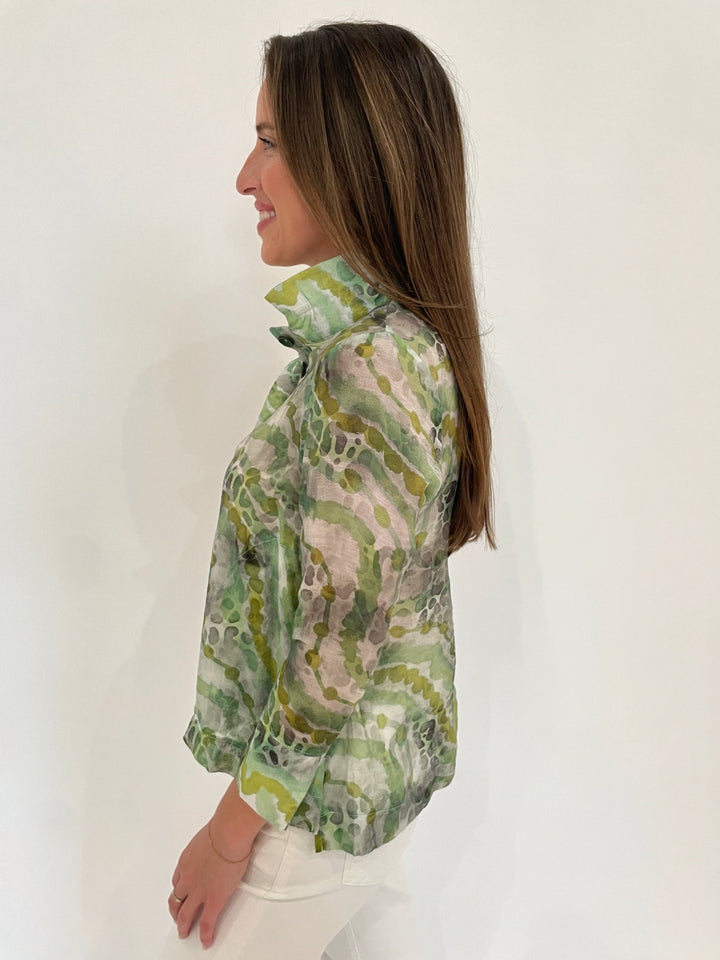 Terra Irina 3/4 Sleeve Sheer Shirt in Green with Lizzie Fortunato Onda Hoop Earrings in Silver available at Barbara Katz