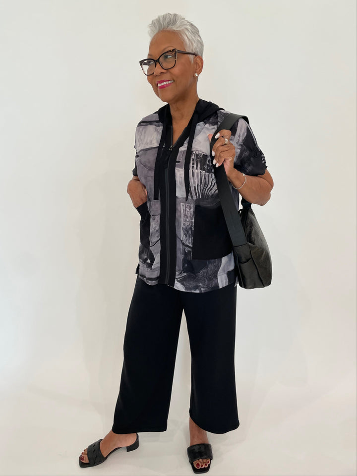 Terra Dana Zip-Up Shirt in Black paired with Elliott Lauren Wide Straight Leg Easy Pants in Black, Daniella Lehavi Chicago Small Hobo Bag in Black Croco available at Barbara Katz