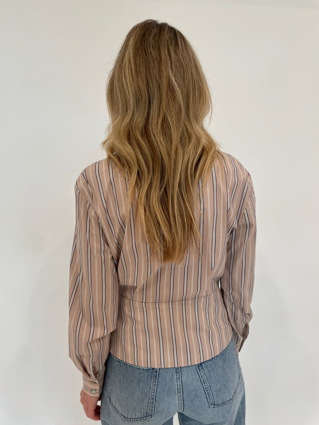 Finley Avalon Cafe Stripe Shirt in Tan/White paired with Pistola Ryder Jeans in Essex available at Barbara Katz