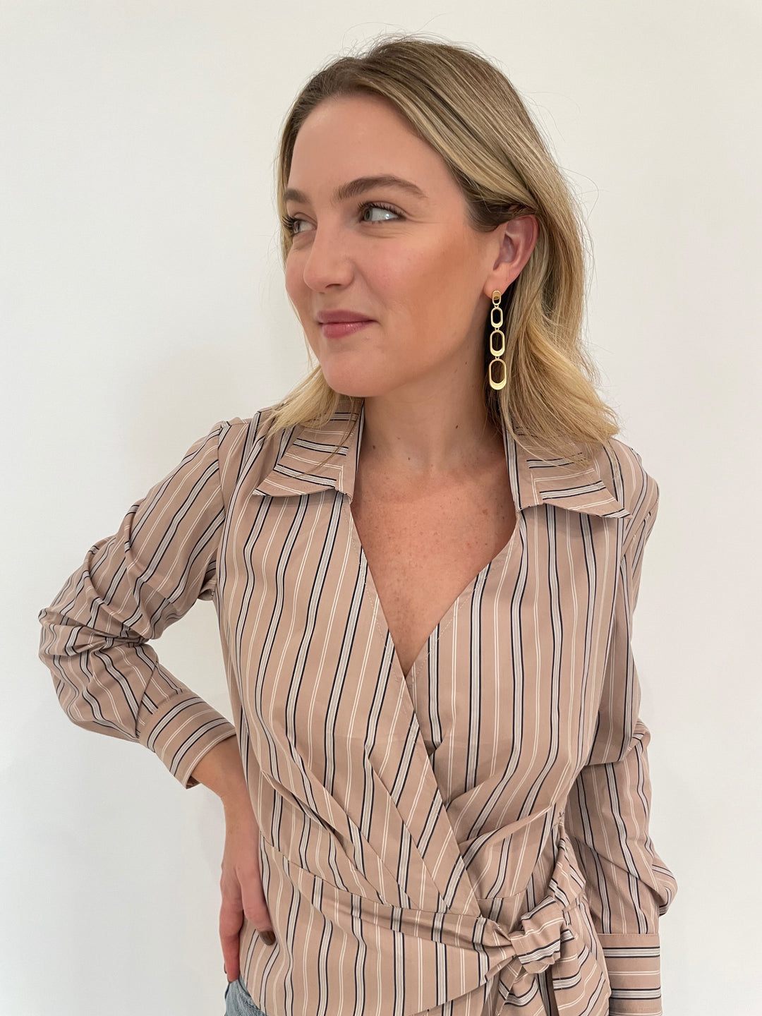 Finley Avalon Cafe Au Lait Blouse Shirt in Tan/White with Dean Davidson Bleecker Statement Drop Earrings in Gold available at Barbara Katz