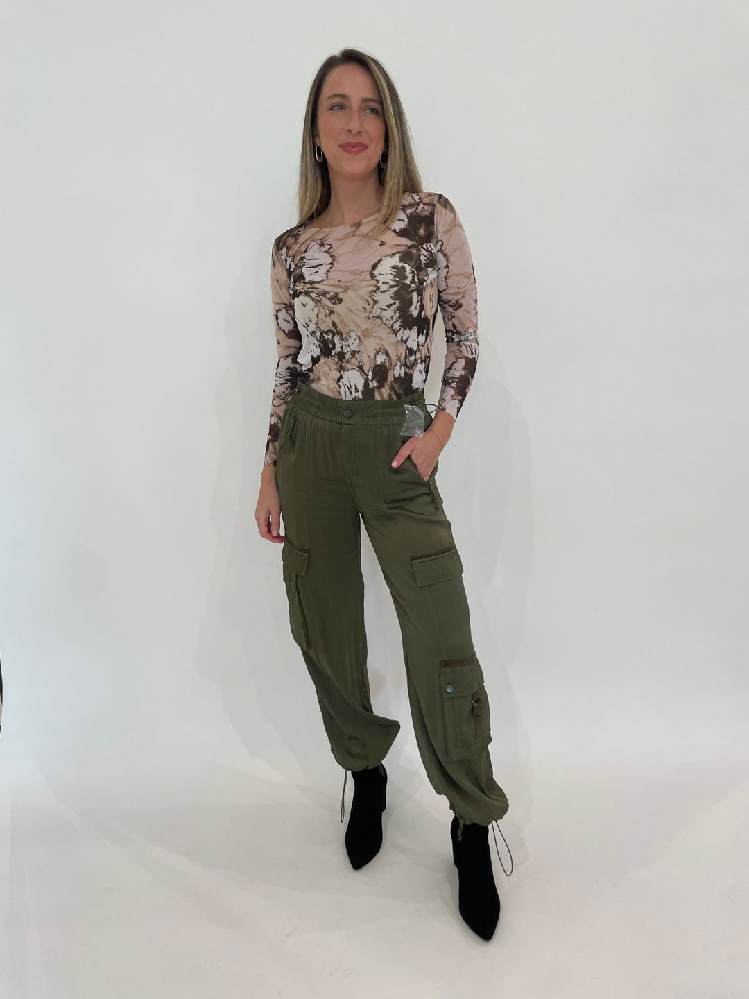 AMB La Boheme NudiTee Sheer Top paired with Marrakech Enika Silky Cargo Pants in Pine available at Barbara Katz