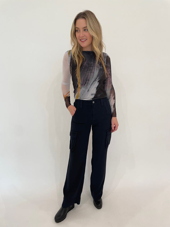 AMB Tidal Florence Double Sheer Top paired with Marrakech  Celestial Blue Gavyn Cargo Pants available at Barbara Katz