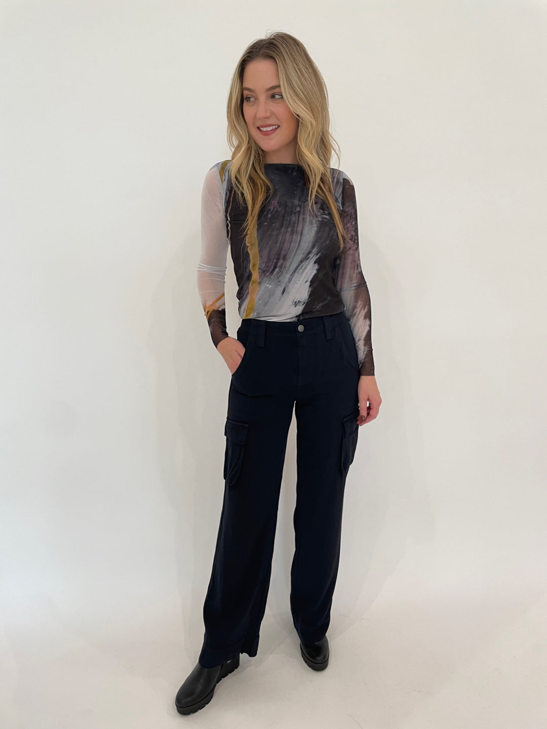 AMB Tidal Florence Double Sheer Top paired with Marrakech Celestial Blue Gavyn Cargo Pants available at Barbara Katz