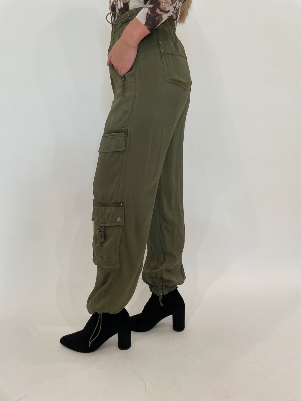 Marrakech Enika Silky Cargo Pants in Pine available at Barbara Katz