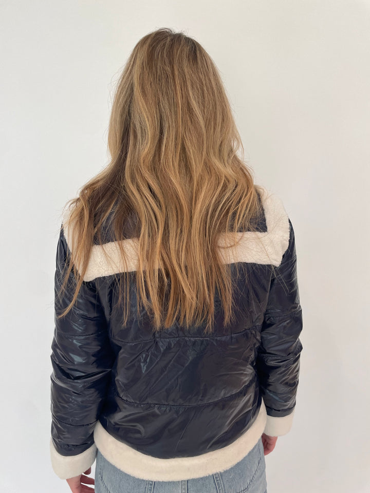 J Society Sherpa Trim Bomber Jacket in Navy available at Barbara Katz