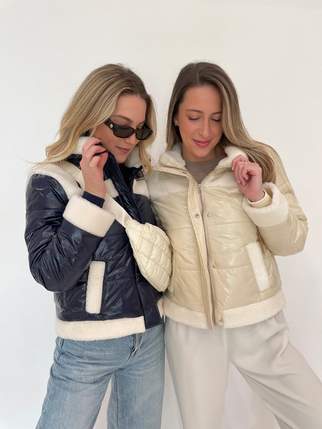 J Society Sherpa Trim Bomber Jacket in Vanilla and Navy Blue available at Barbara Katz