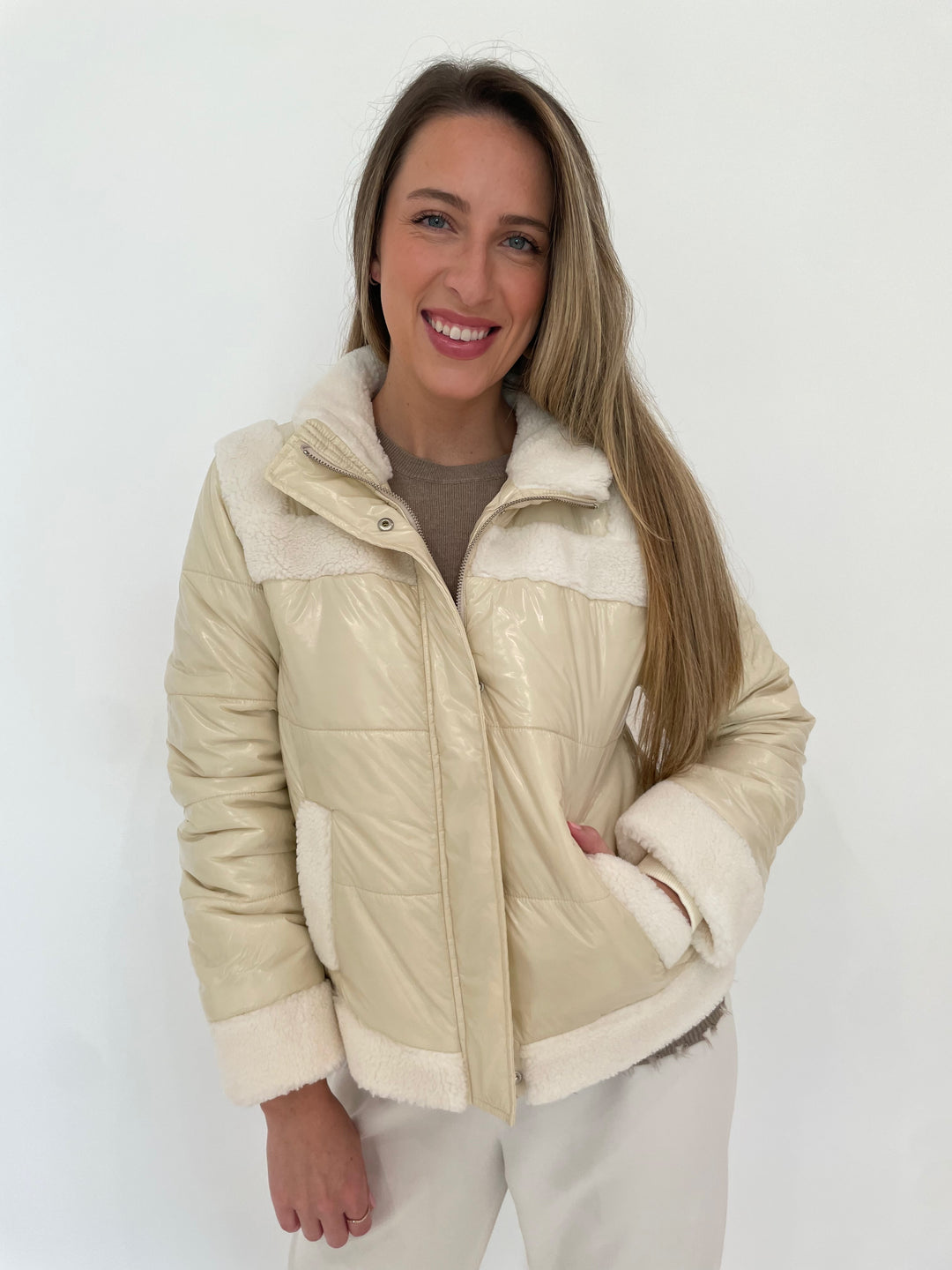 J Society Sherpa Trim Bomber Jacket in Vanilla available at Barbara Katz