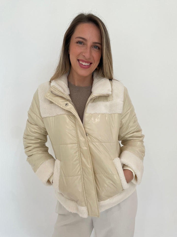 J Society Sherpa Trim Bomber Jacket in Vanilla available at Barbara Katz